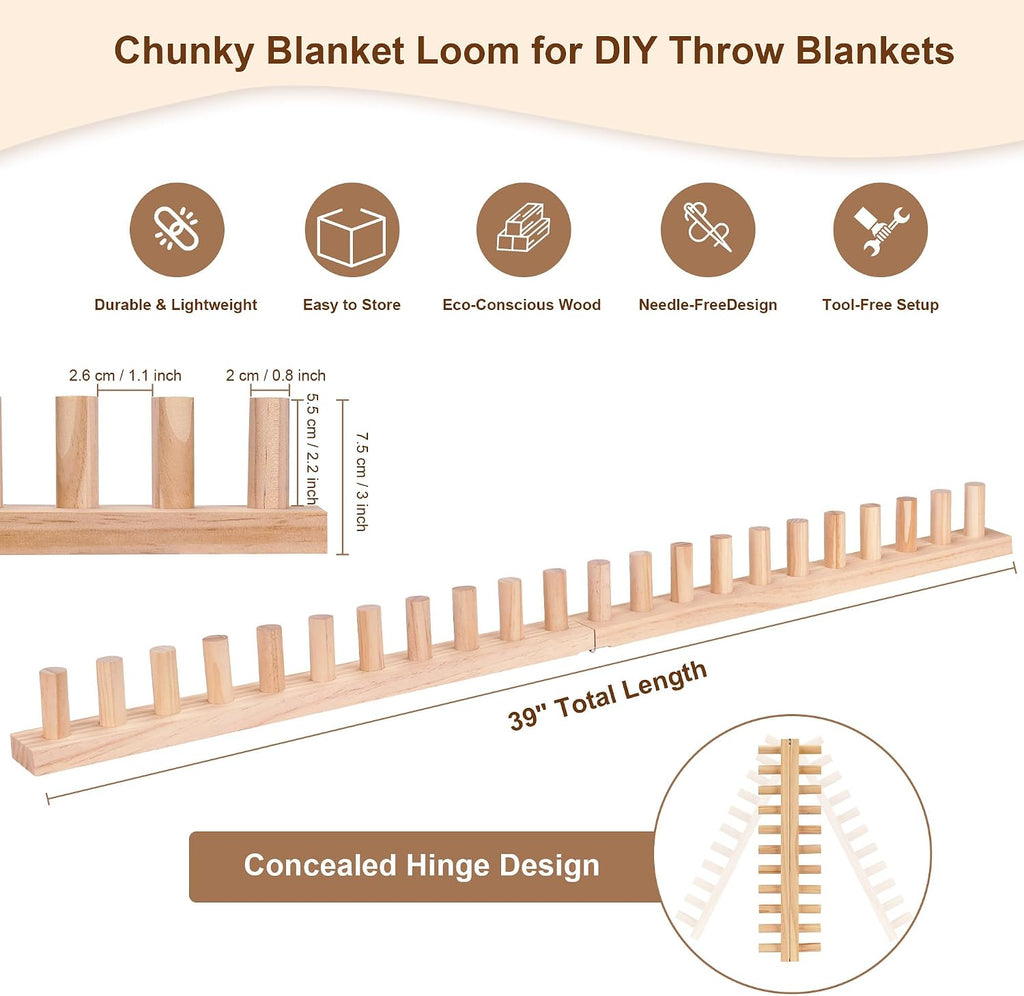 39'' Chunky Blanket Loom, Installation Free Knitting Loom for Beginners, Foldable Hand Knitting Yarn Chunky Blanket Kit for DIY Throw Blankets, Wooden Weaving Loom Craft Tools