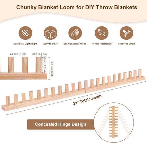 39'' Chunky Blanket Loom, Installation Free Knitting Loom for Beginners, Foldable Hand Knitting Yarn Chunky Blanket Kit for DIY Throw Blankets, Wooden Weaving Loom Craft Tools