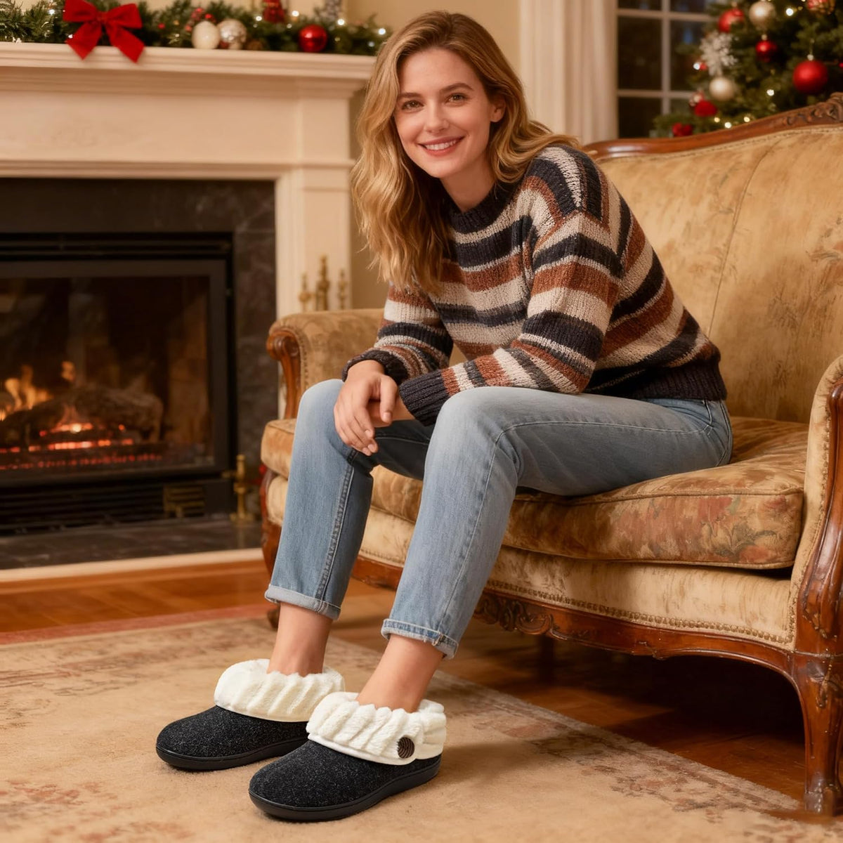 Women'S Warm Bootie Slippers House Shoes with Fuzzy Collar