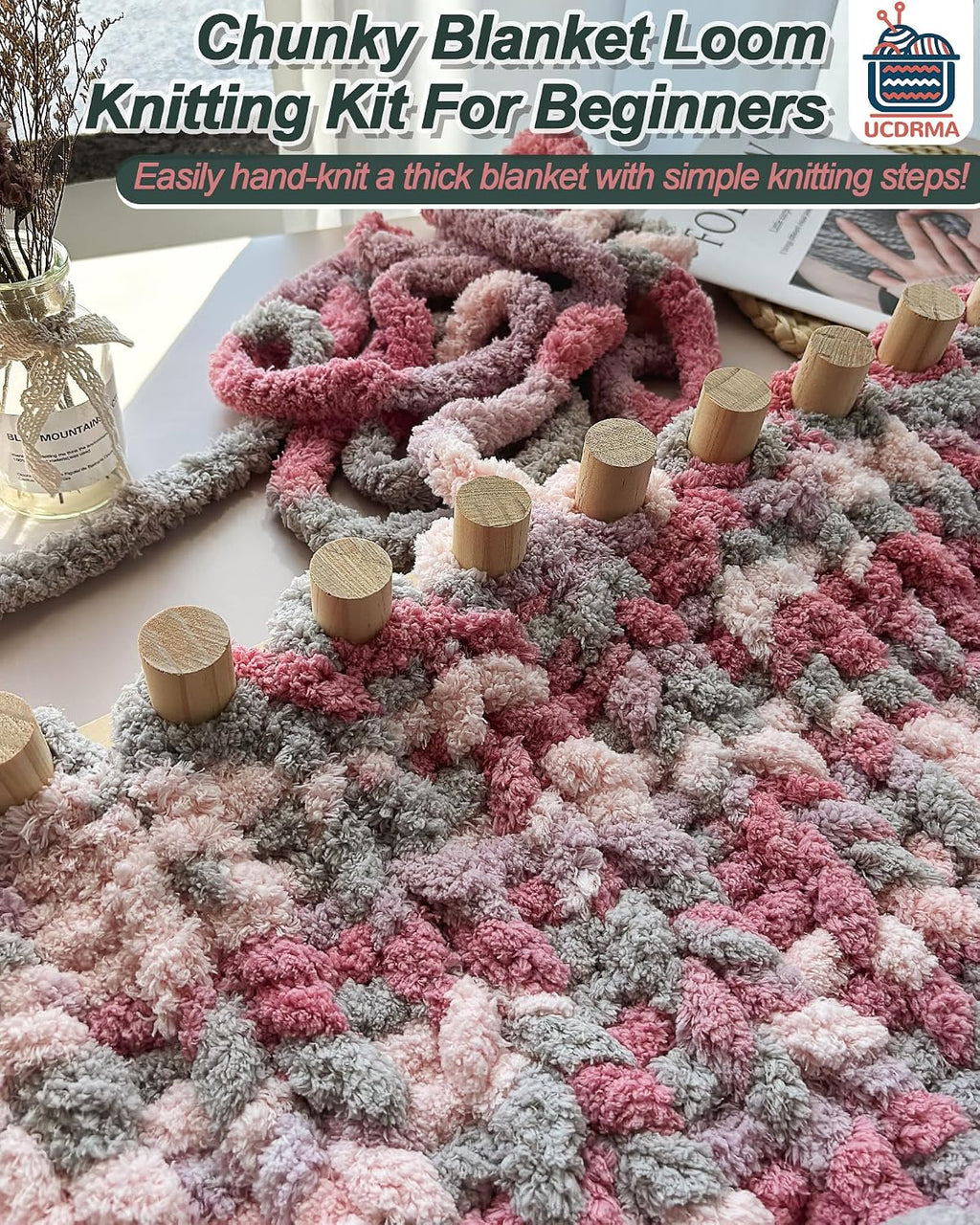 Chunky Blanket Loom Knitting Kit, 3-In-1 Adjustable Chunky Yarn Blanket Knit Loom with Anti-Slip Pads, 39In/99Cm Wooden Loom for Chunky Blanket, Chunky Knit Blanket Crochet Loom for Beginners