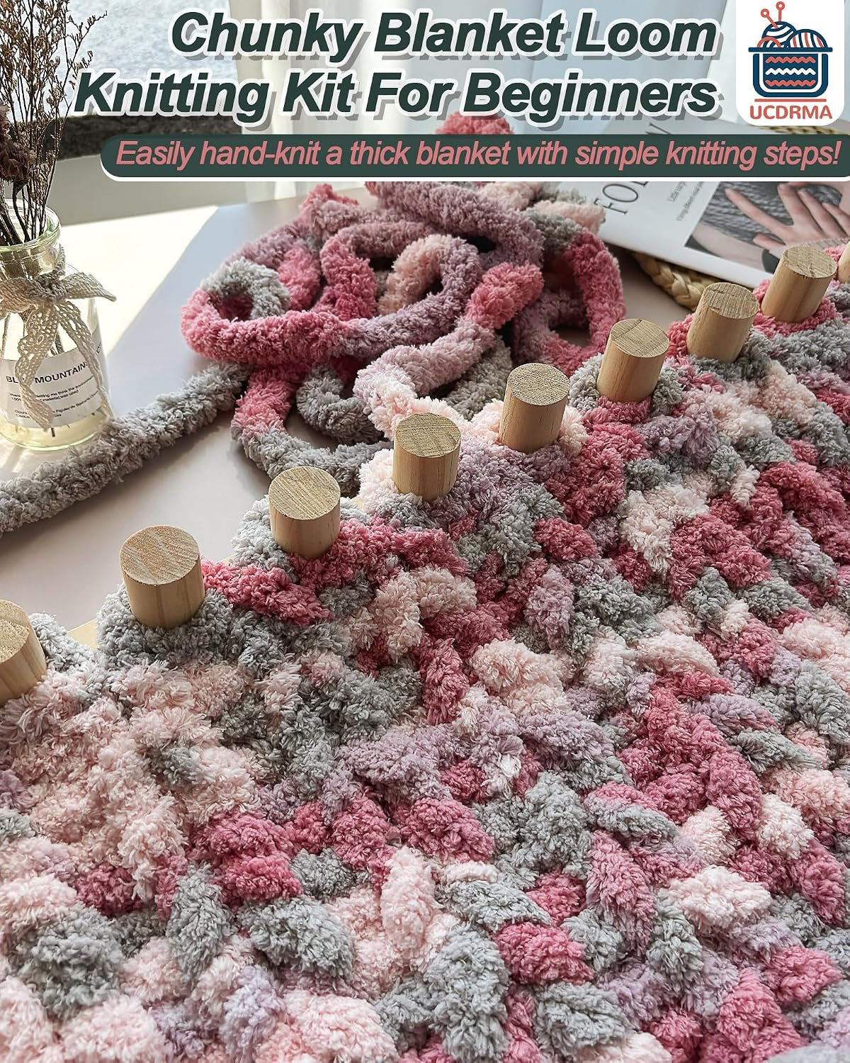 Chunky Blanket Loom Knitting Kit, 3-In-1 Adjustable Chunky Yarn Blanket Knit Loom with Anti-Slip Pads, 39In/99Cm Wooden Loom for Chunky Blanket, Chunky Knit Blanket Crochet Loom for Beginners