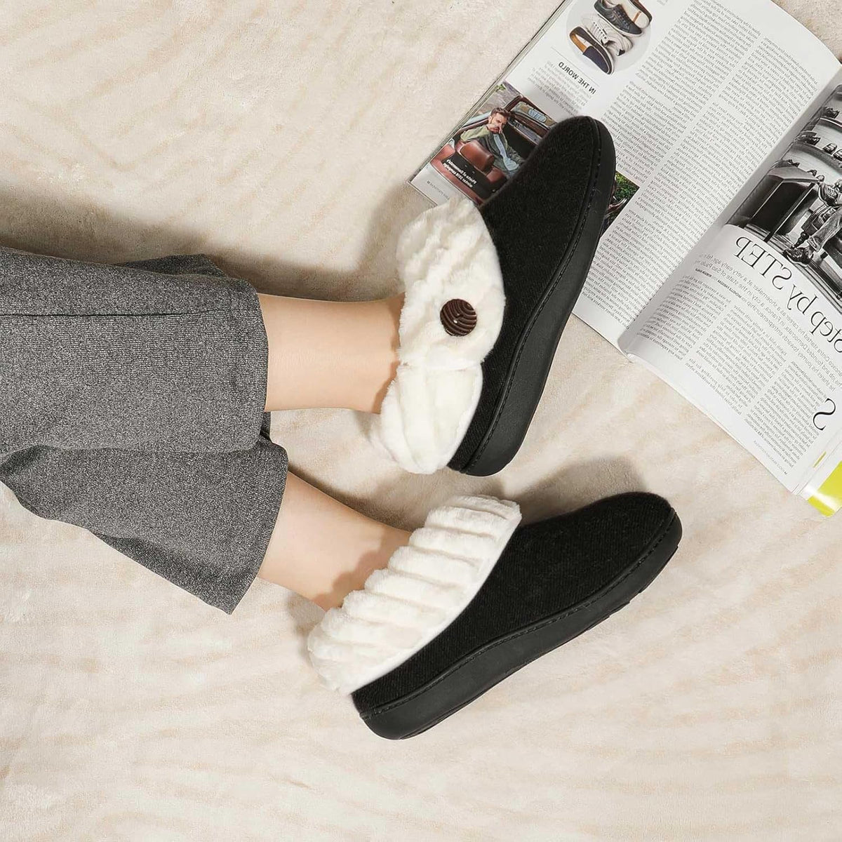 Women'S Warm Bootie Slippers House Shoes with Fuzzy Collar