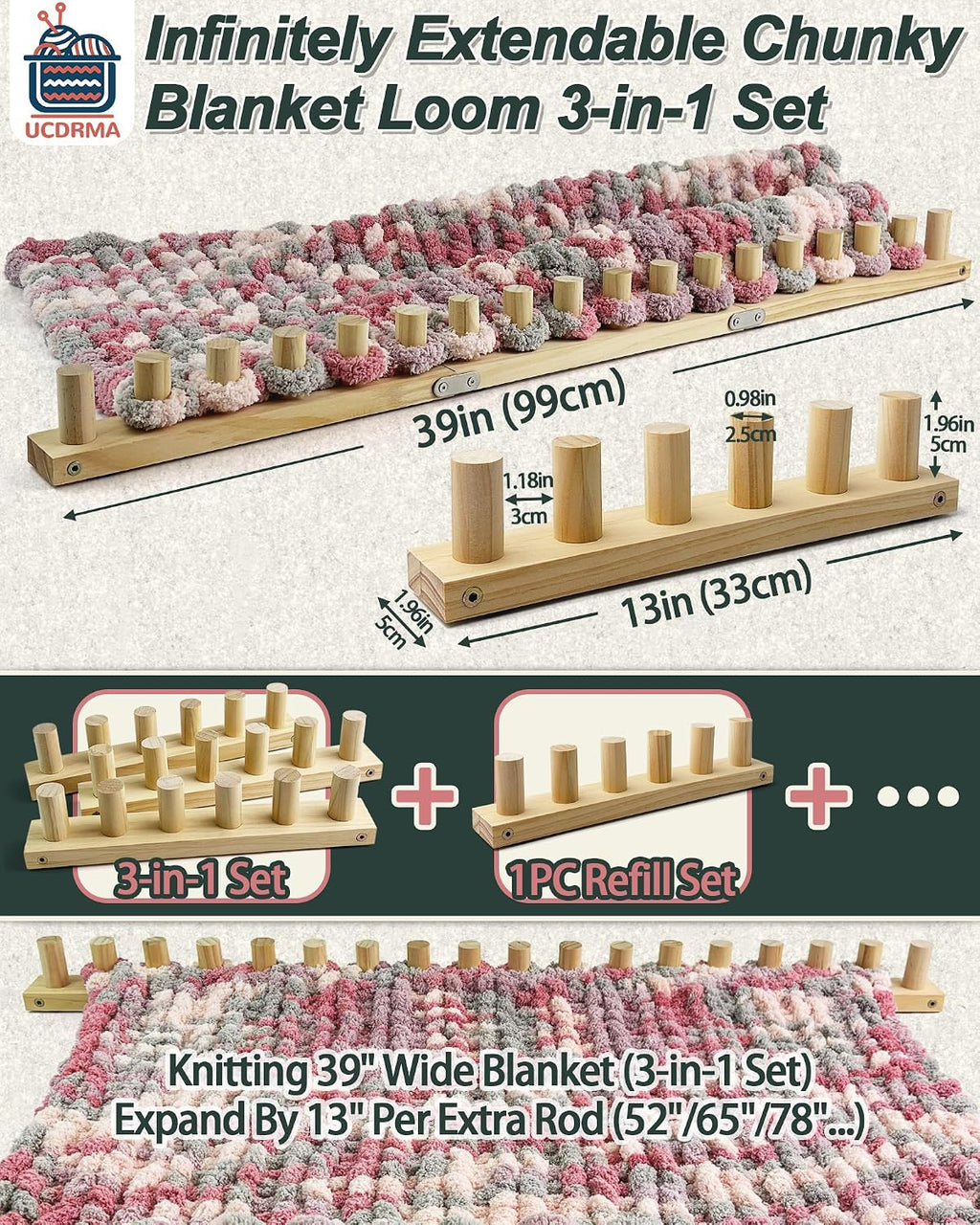 Chunky Blanket Loom Knitting Kit, 3-In-1 Adjustable Chunky Yarn Blanket Knit Loom with Anti-Slip Pads, 39In/99Cm Wooden Loom for Chunky Blanket, Chunky Knit Blanket Crochet Loom for Beginners