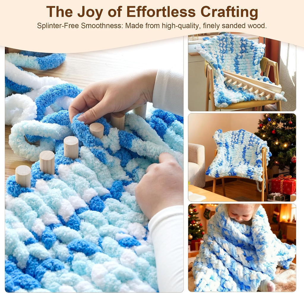 39'' Chunky Blanket Loom, Installation Free Knitting Loom for Beginners, Foldable Hand Knitting Yarn Chunky Blanket Kit for DIY Throw Blankets, Wooden Weaving Loom Craft Tools