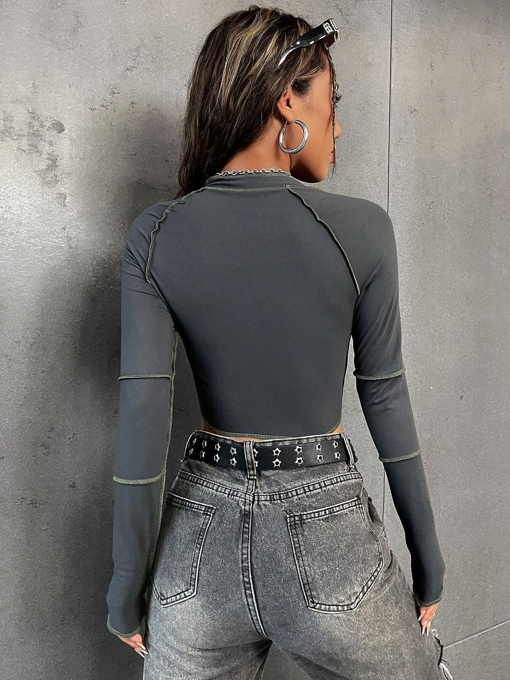 SHEIN Unity Top-Stitching Raglan Sleeve Zipper Crop Tee Fall Cloth for Women