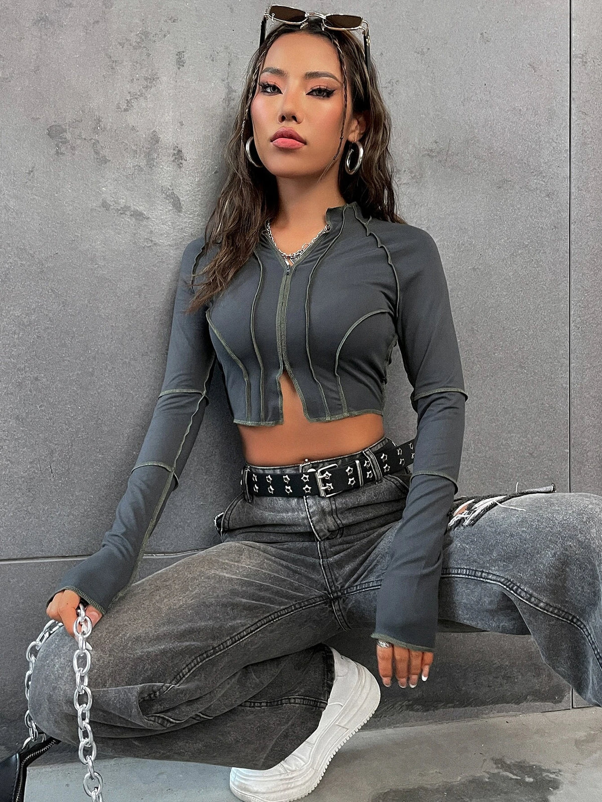 SHEIN Unity Top-Stitching Raglan Sleeve Zipper Crop Tee Fall Cloth for Women