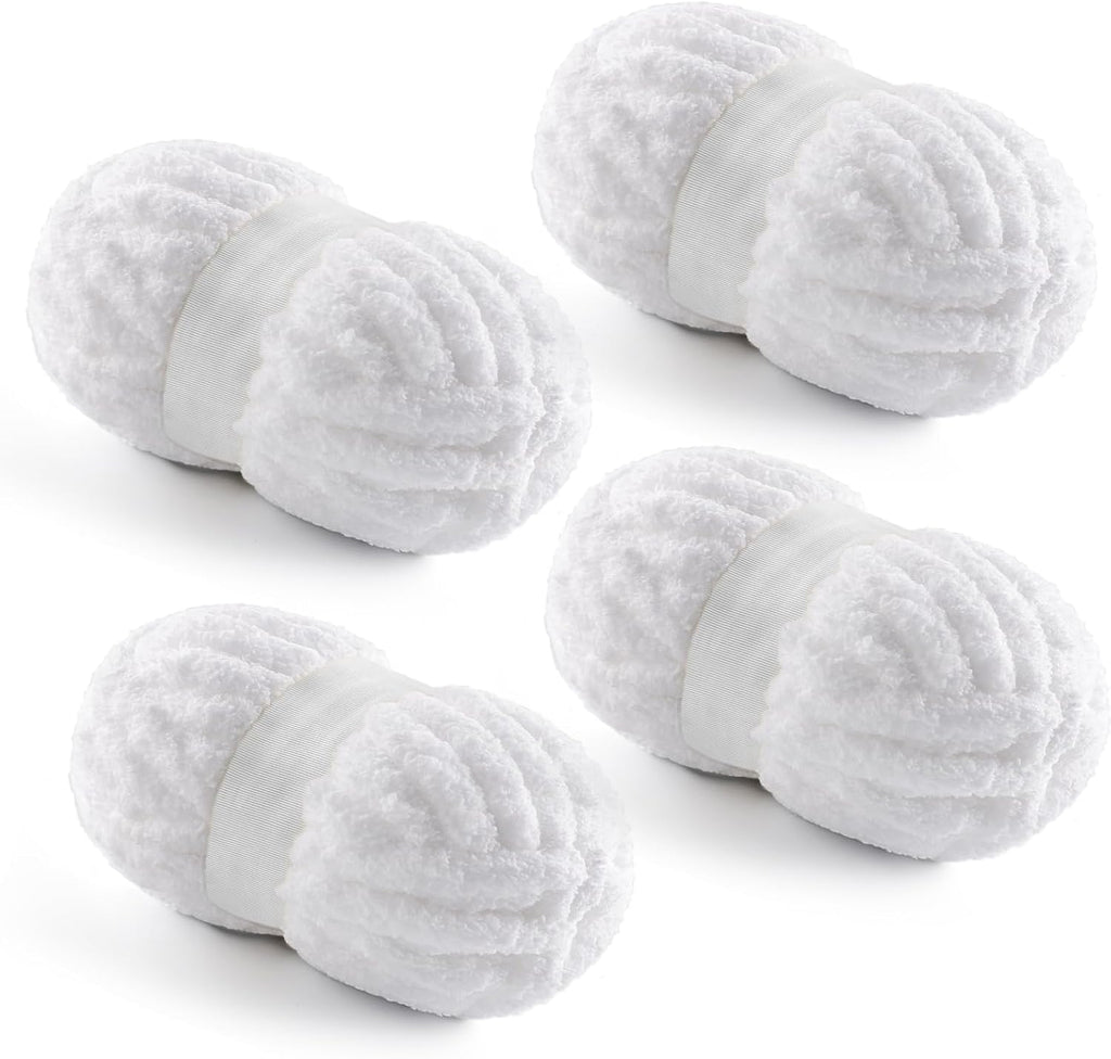 4 Pack Chunky Yarn for Hand Knitting - Chunky Chenille Blanket Yarn for Crocheting - Jumbo Fluffy Yarn for Crochet - Super Bulky Yarn 25 Yds 7.7 Oz Each Skein (Pure White)